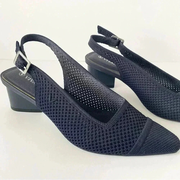 Vivaia Leah Pro Navy Blue Knit Slingback Pointy Toe Pumps 37 - Picture 10 of 15